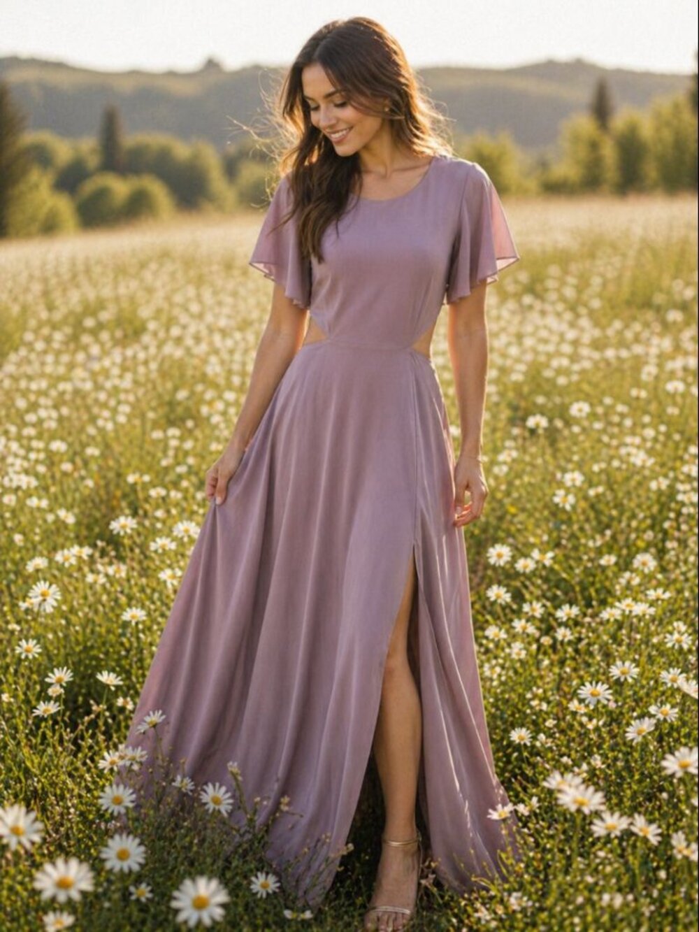 Lulus Maxi Dress Lilac Cutout Back Slit Flutter Sleeve Bridesmaid L NWT